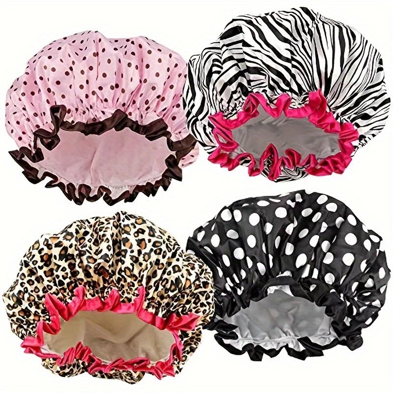 TEMU 4-pack Double-layer Printed High Quality Shower Caps, 1 Color (set Of 4). Double-layer Design With Printed Spandex Fabric On The Outer Layer And Peva High Quality Membrane Lining