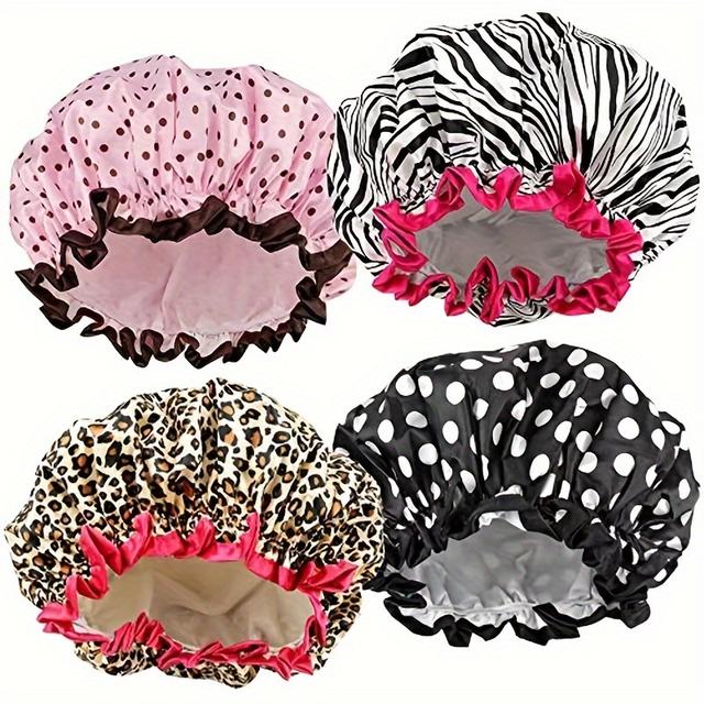 TEMU 4-pack Double-layer Printed High Quality Shower Caps, 1 Color (set Of 4). Double-layer Design With Printed Spandex Fabric On The Outer Layer And Peva High Quality Membrane Lining