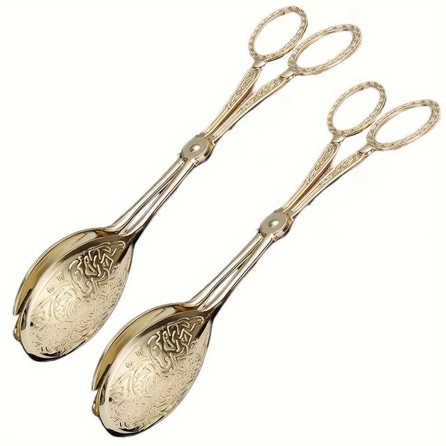 TEMU 2pcs Vintage Elegant Serving Tongs With Ornate Design - Heavy-duty Construction, Non-slip Grip For Bread, Salad, Cake, Bbq, Buffet, Pastries - & Dining Utensils For Home &