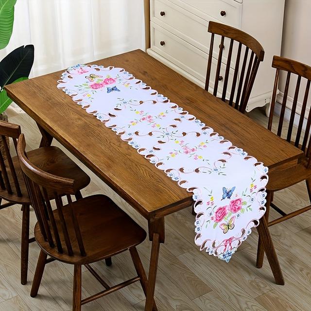 TEMU 1pc, Lace Embroidered Tablecloth With Flower And Hollowed Out Design, Fabric Table Cover For Dining & Bedside Decor, Room Decoration