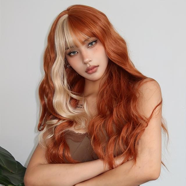 TEMU Women' Inch Elegant Synthetic Fiber High Temperature Fiber 150% Density Curly Wave Orange Highlight Dyed Golden Long Wig For Daily, Party, Music Festivals, Halloween, Christmas