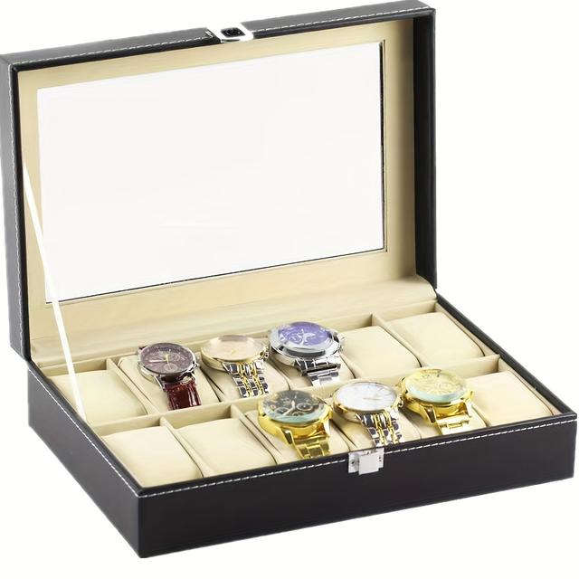 TEMU High-value Faux Leather 12-position Watch Storage Box Wristwatch Window Display Large Capacity With Lid Dustproof Anti-oxidation Watch Box