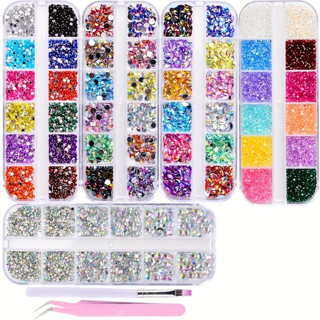TEMU 5 Boxes Shiny Colorful Nail Art Rhinestones Multicolor Nail Crystal Gems Stone Kit With Curved Tweezers And A Nail Brush