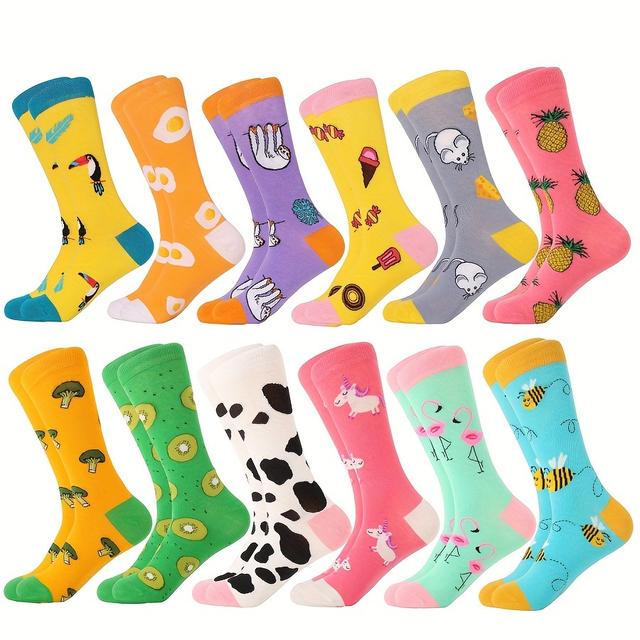 TEMU 12 Pairs Of Colorful Cartoon Animal Socks For Men And Women - Trendy Mid-calf, Casual Sports Socks With Designs, Knit Fabric, Hand Wash Or , Casual Wear Socks| Sock Design|knit Texture