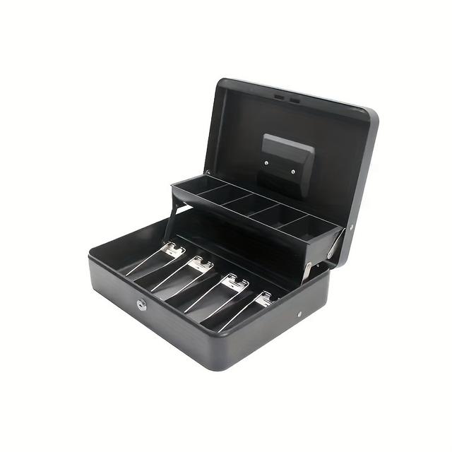 TEMU Iron Cash Box With Spring-loaded Bill Clips, 5 Compartment Cantilever Coin Tray, Mechanical Lock, And Convenient Stainless Handle - Security Cash Register Box With Key Lock