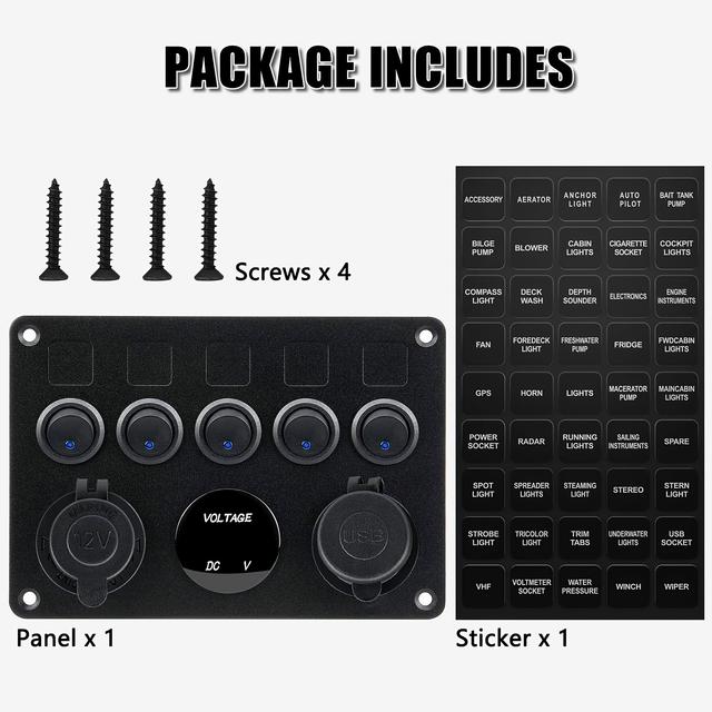 TEMU 5-gang Multi-functional Rocker Switch Panel With Dual Usb Charger, Digital Voltmeter, 12v Output Socket With Inline Fuse For Rv Car Yacht