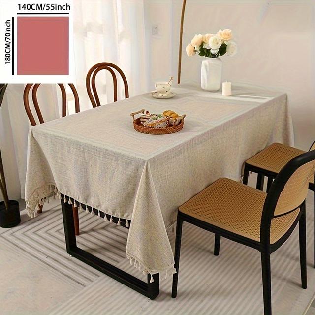 TEMU 1pc Beige Tablecloth With Tassels | Polyester, Rectangular, Machine Made, Solid Color For Hanukkah