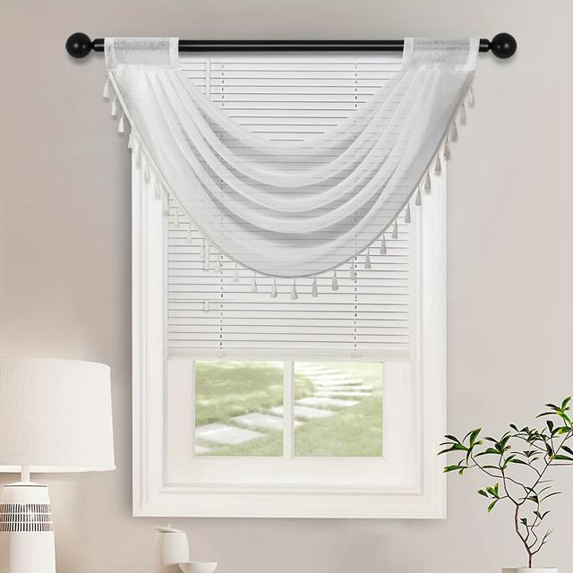 TEMU 1pc Modern Sheer Valance Curtain With Tassel Trim, 30x24 Inch, Rod , Machine Washable, Unlined, , For Living Room, Bedroom, Kitchen - Stylish Window Door Decor, Curtains For Living Room