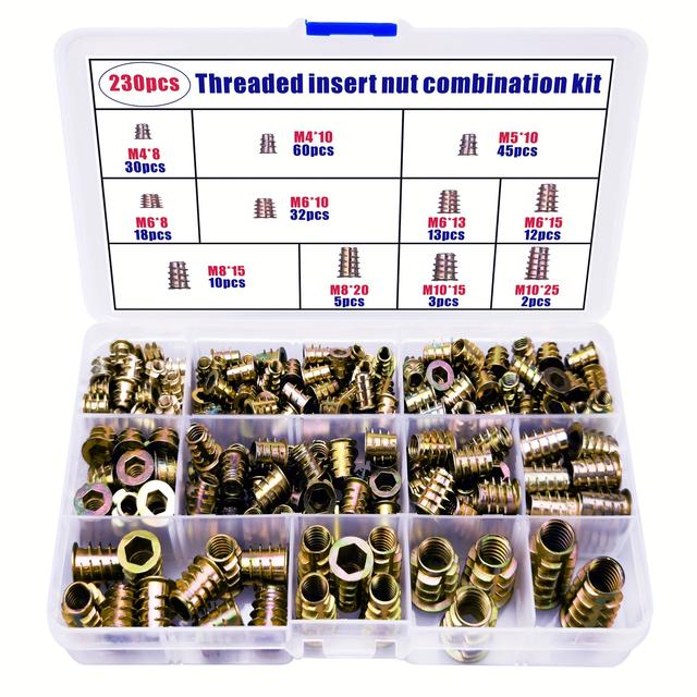 TEMU 230pcs Wood Thread Insert Tool Kit, Furniture Bolt Nut Fastener Connector, Hex Socket Driver For Wooden Furniture Assortment