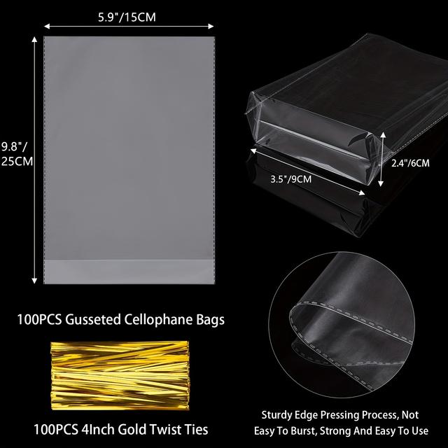 TEMU A Set Of 100 Flat Packaging Bags Made Of Transparent Plastic And Glass Paper, Accompanied By 100 Golden Twist Ties, Perfect For Party Favors, Popcorn, Bakery Items, And Small Gift Packaging