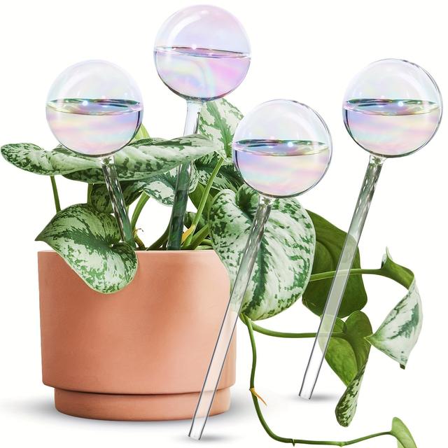 TEMU Plant Watering Globes, 4 Pcs Iridescent Rainbow Color Clear Glass Plant Watering Bulbs, Self Watering Planter Insert For Indoor Outdoor Plants, Automatic Plant Waterer Devices While Away