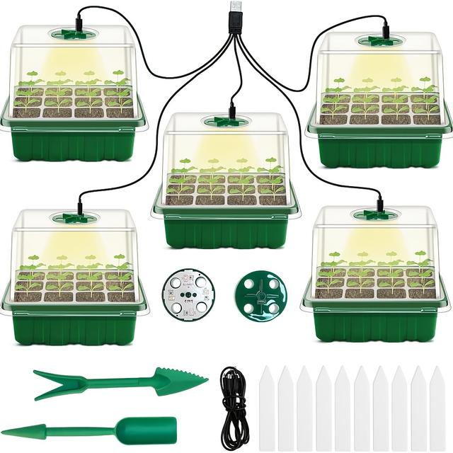 TEMU Trays With Grow Lights, Available In Packs Of 1, 2, 4, Or 5, Are Plant Starter Kits Featuring Humidity Domes And Bases For Indoor Greenhouse Seed Growth, With Each Tray Containing 12 Cells.