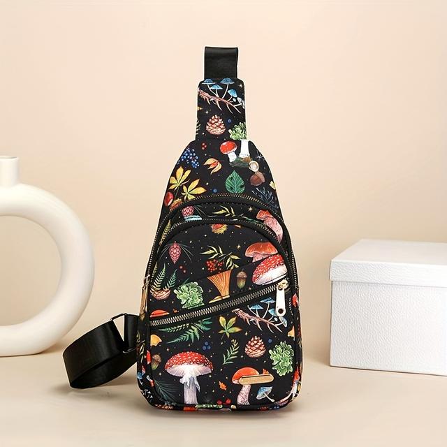 TEMU Stylish Women's Nylon Chest Bag With Adjustable Strap - Large Capacity, Zippered, Floral And Mushroom Print, Black With Colorful Accents, Fashionable Crossbody For Casual