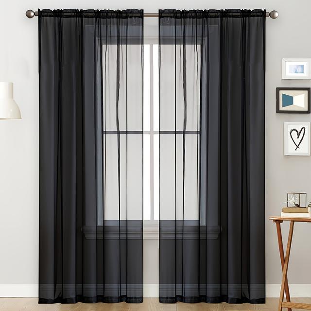 TEMU 2pcs Modern Semi-sheer Curtains, Uv-resistant Polyester Rod Pocket Drapes For Living Room, Machine Washable, Sun Protection, Fashion Themed Decor