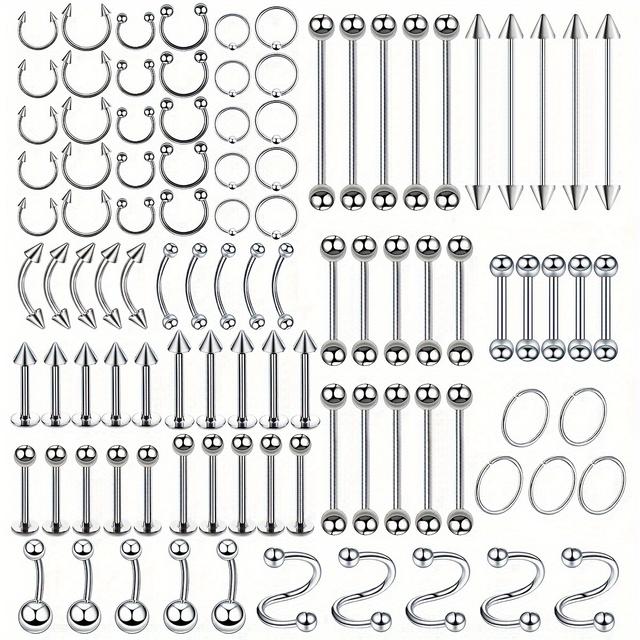 TEMU 100pcs Stainless Steel Body Piercing Kit: Nose, Tongue, Lip - Hip Hop/punk Style For Casual Attire, Eyebrow Piercing, Septum Ring, Horseshoe Nose Ring