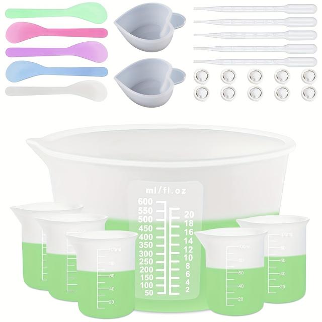 TEMU Silicone Resin Measuring Cups Kit - 600ml & 100ml Mixing Bowls With Spoons, Pins & Stirring Tools - Non-electric, Durable Resin Casting & Jewelry Making Supplies For Epoxy, Molds & Crafts
