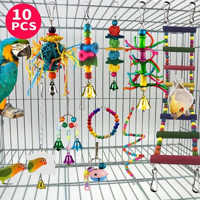 TEMU 10 قطع من لعبة الطيور والقرود، لعبة تعليق الطيور الأليفة الملونة مع سلم خشبي معلق وحجرة تعليق جرس، مناسبة للطيور والقرود