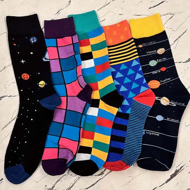 TEMU 3/5er-Pack Herren Freizeitsocken mit geometrischem kosmischem Muster | Strickstoff, maschinenwaschbar