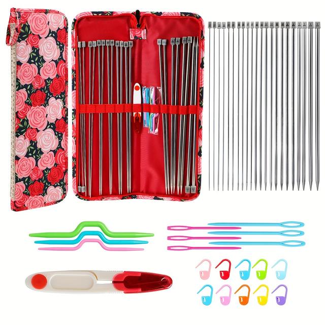 TEMU 22pcs Metal Sweater Needle Set Knitting Supplies With Storage Bag And Foldable Scissors Rod Needle Set Beginner Portable Straight Needle Set Multi Color Sewing Tools Handmade Diy Christmas Gift