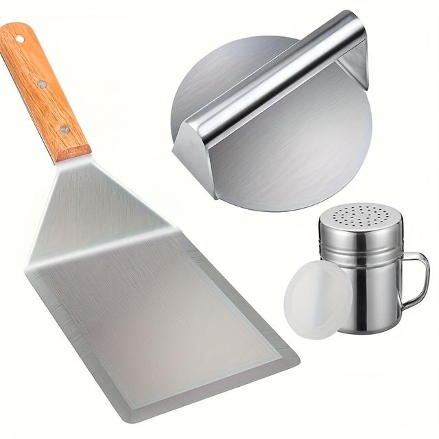 TEMU Smash Burger Kit, Burgerpresse aus Edelstahl für Grillplatte, BBQ Flat Top Schaber und Gewürzstreuer