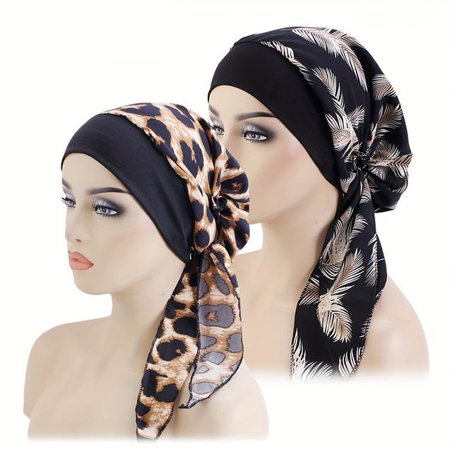 TEMU 2pcs Ethnic Bonded Headscarf & Turban Hat - Elastic Wide Ribbon Chemotherapy Cap Suitable For Patients, Cultural Headwear, Hand Washable Cap
