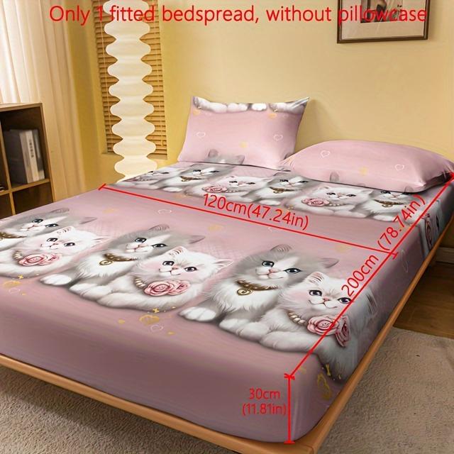 TEMU 1pc Of Printed Brushed Fitted Sheet, Bedroom Couple Cute Cat Print Bed Cover, Bedding
