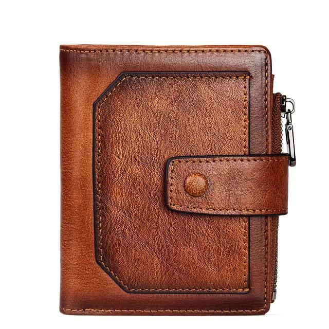 TEMU Christmas New Retro Full Grain Leather Men's Wallet Rfid Anti-theft Card Zipper Coin Purse, 9 Card Slots, 2 Id Slots, 2 Sim Cards, 1 Zipper Coin Pocket. Christmas