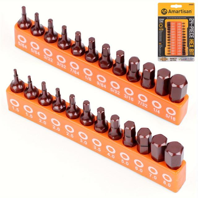 TEMU 24pcs Set Of Metric And British S2 Tool Hexagonal Wrench Drill Bits, 25mm Long