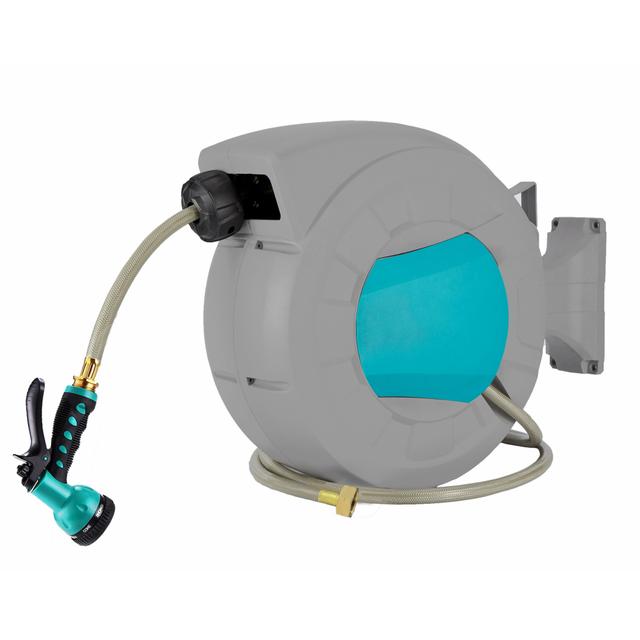 TEMU 1pc Retractable Garden Hose Reel, 1/2"*66ft Wall Mounted Hose Reel With 7 Function Spray Nozzles, Any Length Locking/slow /wall Mounted/180° Swivel Bracket