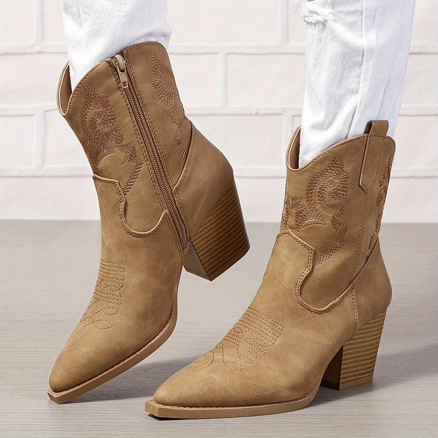 TEMU Botines de Mujer de Talla Grande con Punta Afilada, Bordados y Cremallera Lateral, Estilo Europeo y Americano