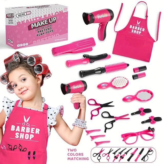 TEMU 17pcs Girls' Play Hairdresser Kit With Accessories & Apron - Pvc Mirror, Scissors, Mixed Colors, Non Rechargeable, Unable To Install Batteries