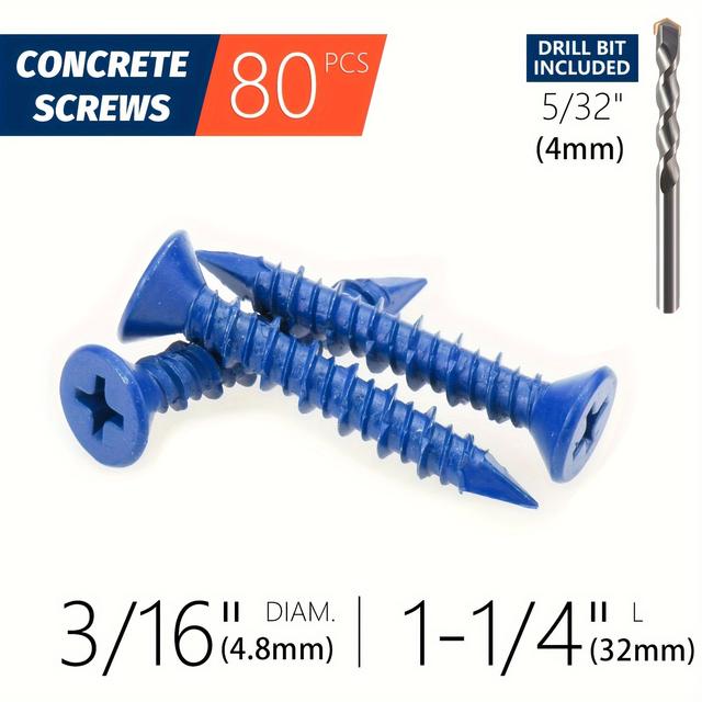 TEMU 3/16" x 1-1/4" مسامير تثبيت للخرسانة مع لقمة حفر - مسامير رأس مسطحة زرقاء للبناء، الطوب، الكتل، الأسمنت، الجص ( من 80)