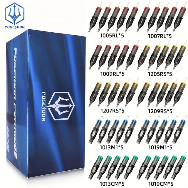 TEMU Poseidon V2 Tattoo Cartridge Needles 50pcs Assorted Mixed Size Round Liner Shader Magnum Curved/round Mag 5rl 7rl 9rl 5rs 7rs 9rs 13m1 19m1 13cm 19cm Disposable Membrane Tattoo Needles