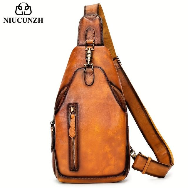 TEMU NIUCUNZH 정품 가죽 크로스바디 체스트백 - 빈티지 브라운 소가죽 슬링 백팩 (조절 가능한 스트랩 및 메탈 버클 잠금장치), 남녀공용 캐주얼 데일리 커뮤트 크로스백|슬링백|힙색