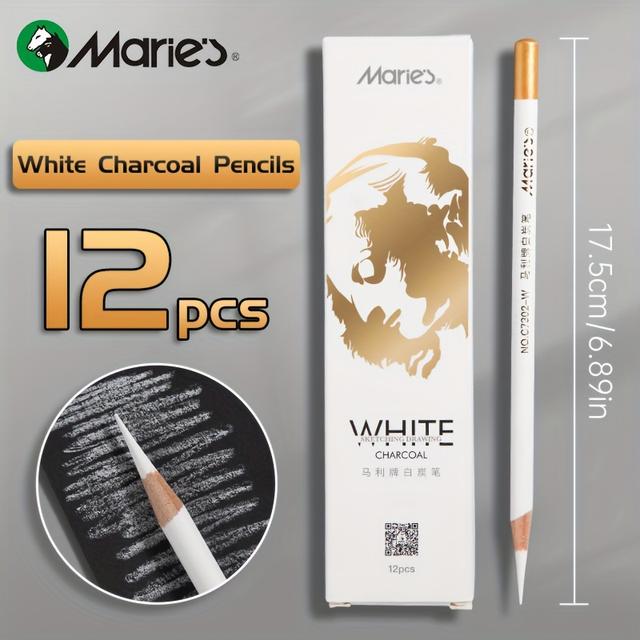 TEMU Marie's 12pcs White Charcoal Pencil Set - Ultra Fine Point, Non-toxic, Ideal For Drawing, Sketching & Blending - Premium Art Supplies For Artists