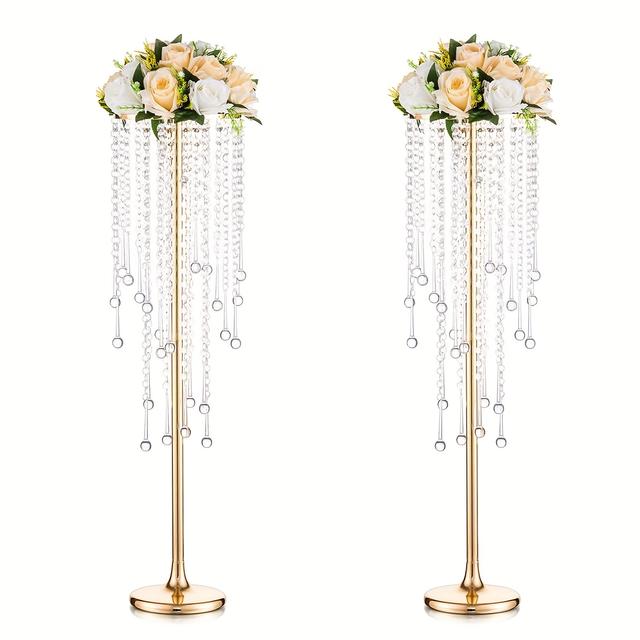 TEMU Set/2pcs, Tall Vases Wedding Centerpieces For Tables Vase With Chandelier Crystal, Centerpiece Table Decorations, Metal Flower Stand For Wedding, Reception, Party, Events, Home