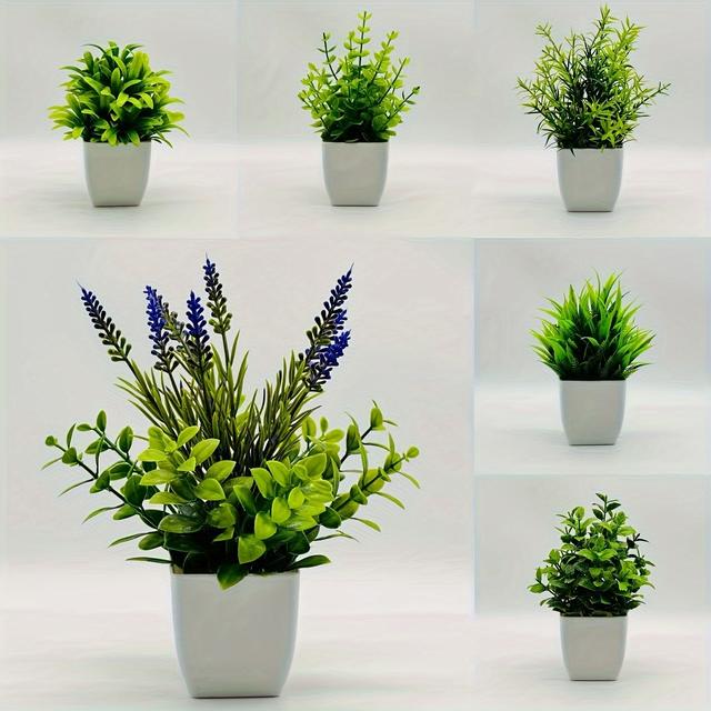 TEMU Set Of 6 Small Flower Pots With , Ideal For Indoor Home Decor, Featuring Plastic Lavender Suitable For Office, Bathroom, And Bedroom Mini Green Plant Arrangements