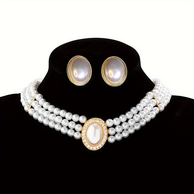 TEMU 3pcs Of Europe And The United States -border Jewelry Elegant Pearl Earrings Necklace Set Beaded Round Pendant Necklace
