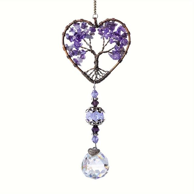 TEMU 1pc Purple Amethyst Sun Crystal Tree Of Life Drops - Bohemian Home Decor With Heart-shaped Tree & Rainbow Design, Window Hanging Ornament For Christmas, Car Charms, Spiritual Gifts