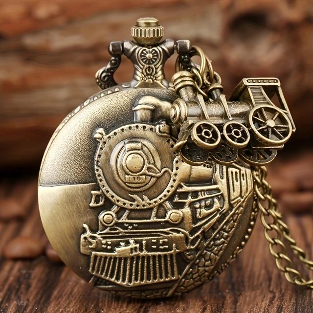 TEMU Vintage Train Pocket Watch Necklace, Quartz Movement With Gears, Retro Men's Fashion Accessory & Unique Gift For Him, Pendant, Detailed Gearwork Suitable For Teens