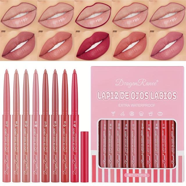 TEMU 12pcs/set Lip Liner Set Box Automatic Rotating Lip Liner Contouring Lip Liner Three-dimensional Lips Last Long Without Fading Waterproof Lipstick Pen Set