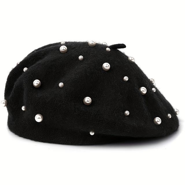TEMU Trendy Pearl Decor Beret Hats Elegant Solid Lightweight Warm Berets For Women Daily Use Autumn & Winter