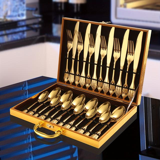 TEMU 24pcs Stainless Steel Vintage Court Style Dinnerware Set With Knives, Spoons, Forks, And Teaspoons - Wedding, Gatherings, And Holiday Gifts