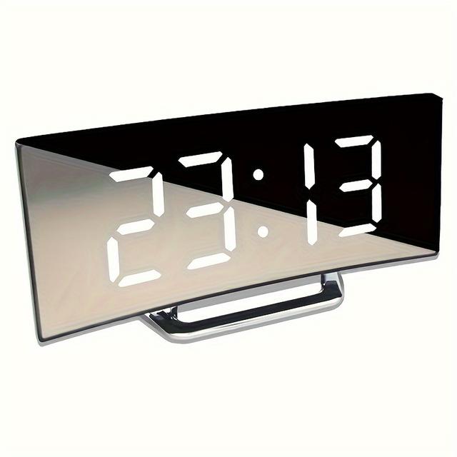 TEMU Kreative gebogene Elektronikuhr mit großem LED-Spiegeldisplay im modernen -Design. Diese digitale Weckeruhr arbeitet im Silent- bietet zwei Stromversorgungsoptionen: Batterie oder USB-Kabel