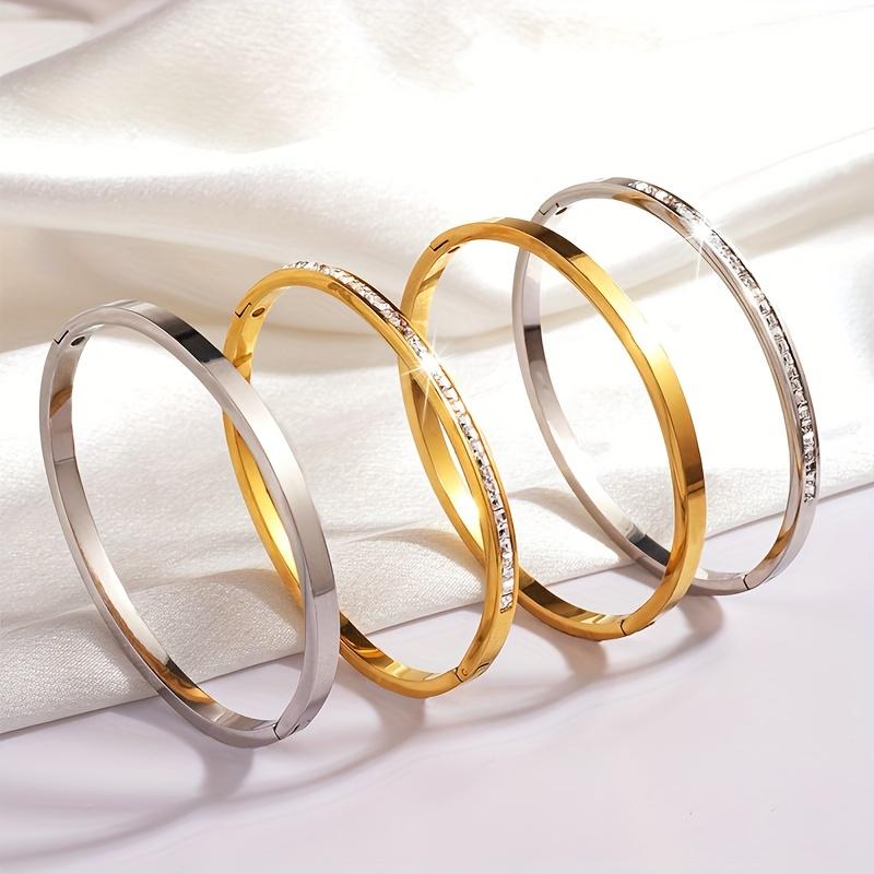 TEMU A Set Of 4 Stylish And Minimalist Stainless Steel Bracelets With A Shiny Finish, Perfect For Gifting Couples During Holidays Without Fading.