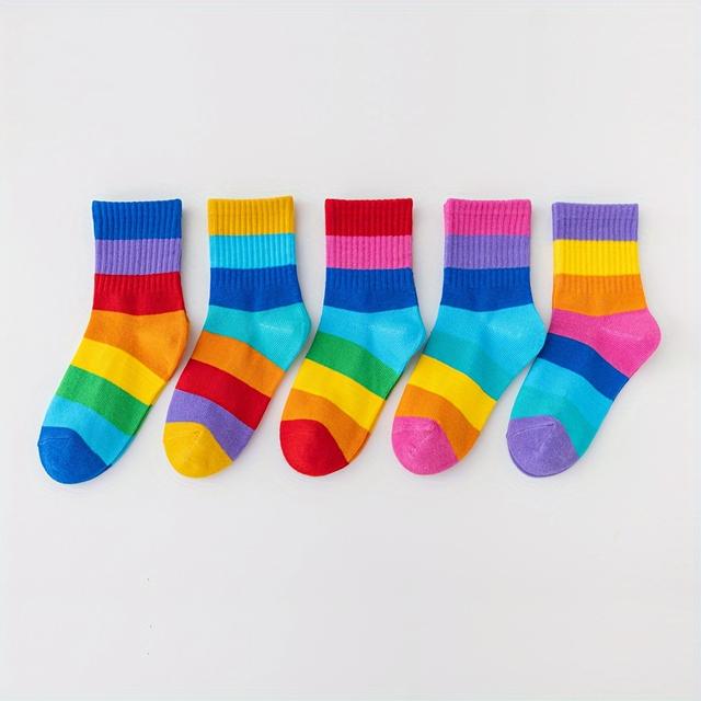TEMU 5 Pairs Of Girls' Socks Featuring Rainbow Stripes, Perfect For Casual Wear. Breathable And Comfortable Sports Socks Are Suitable For Students And Children Throughout The Year