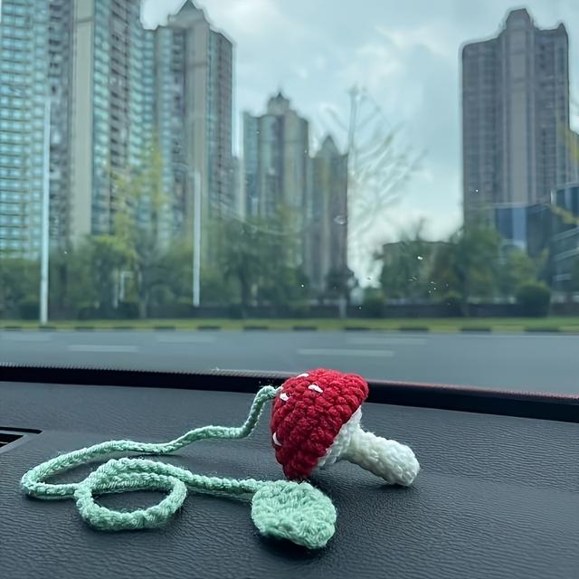 TEMU 1pc Crochet Red Mushroom Craft, Suitable For Car Pendant Decoration, Curtain Tie, Home Plant Decoration, Bag Pendant Decoration, Book Bookmarks And Gifts