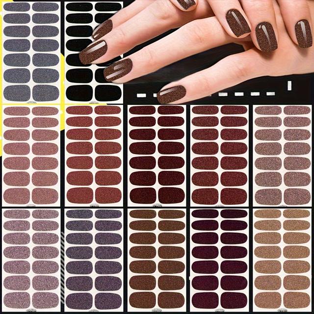 TEMU 12 Sheets Solid Color Glitter Full Wrap Nail Polish Stickers, Autumn And Winter Colors Glitter Nail Polish Strips, Self Adhesive Gel Nail Decals For Women And Girls