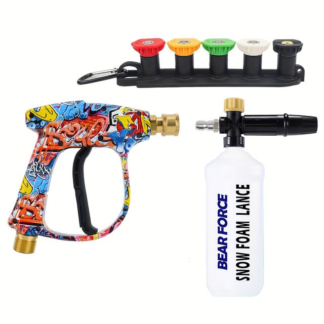 TEMU مسدس ماء ضاغط M22 مع فوهات متصلة بسرعة لتنظيف السيارات بدون بطارية