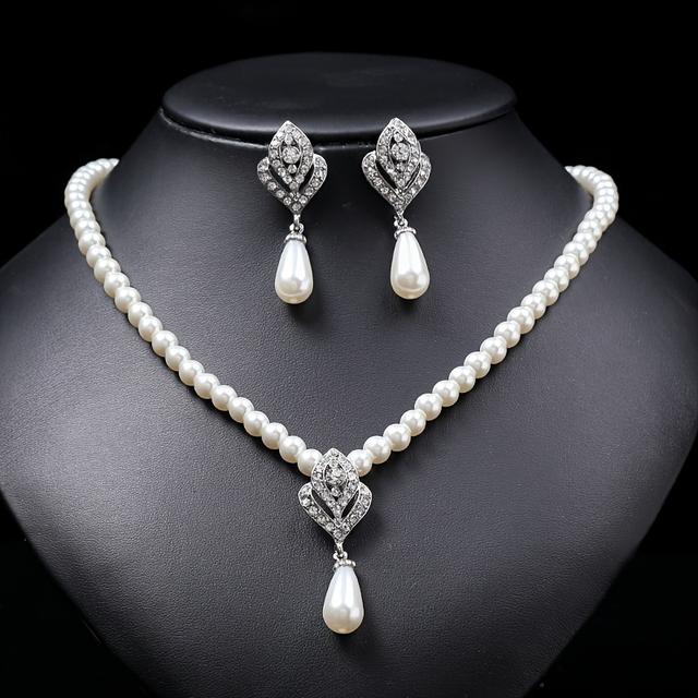 TEMU Juego de joyería de perlas de estilo bohemio elegante para mujeres - Collar de cuentas con pendientes de gota de perla colgantes, accesorio versátil sin plateado ideal para ocasiones de fiesta